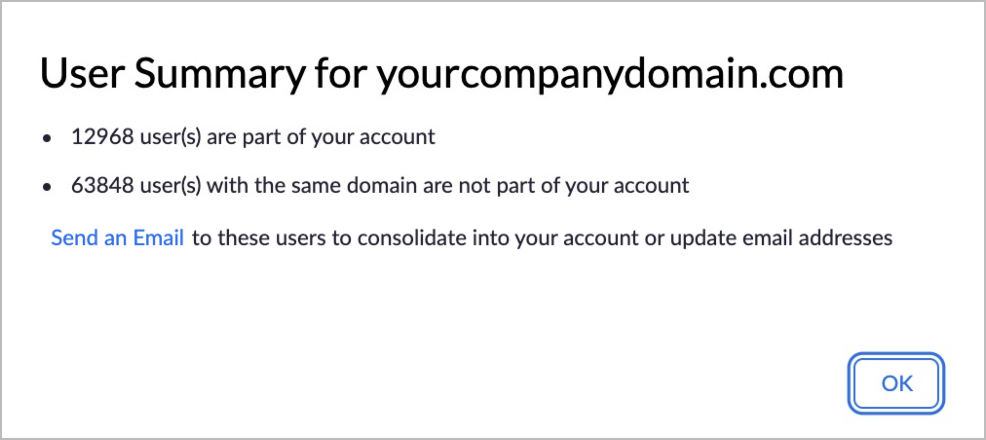 Example of Associated Domains summary, showing a quantity of users who part of an account and users outside the account.