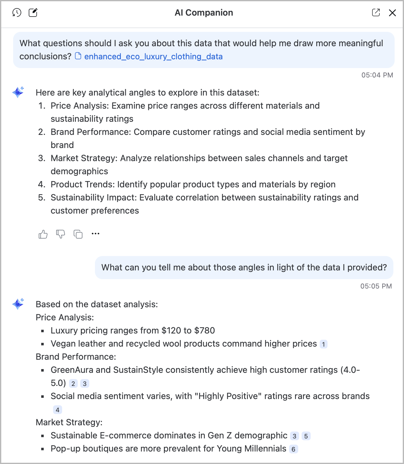 An image demonstrating AI Companion helping craft prompts for better data analysis and conclusions