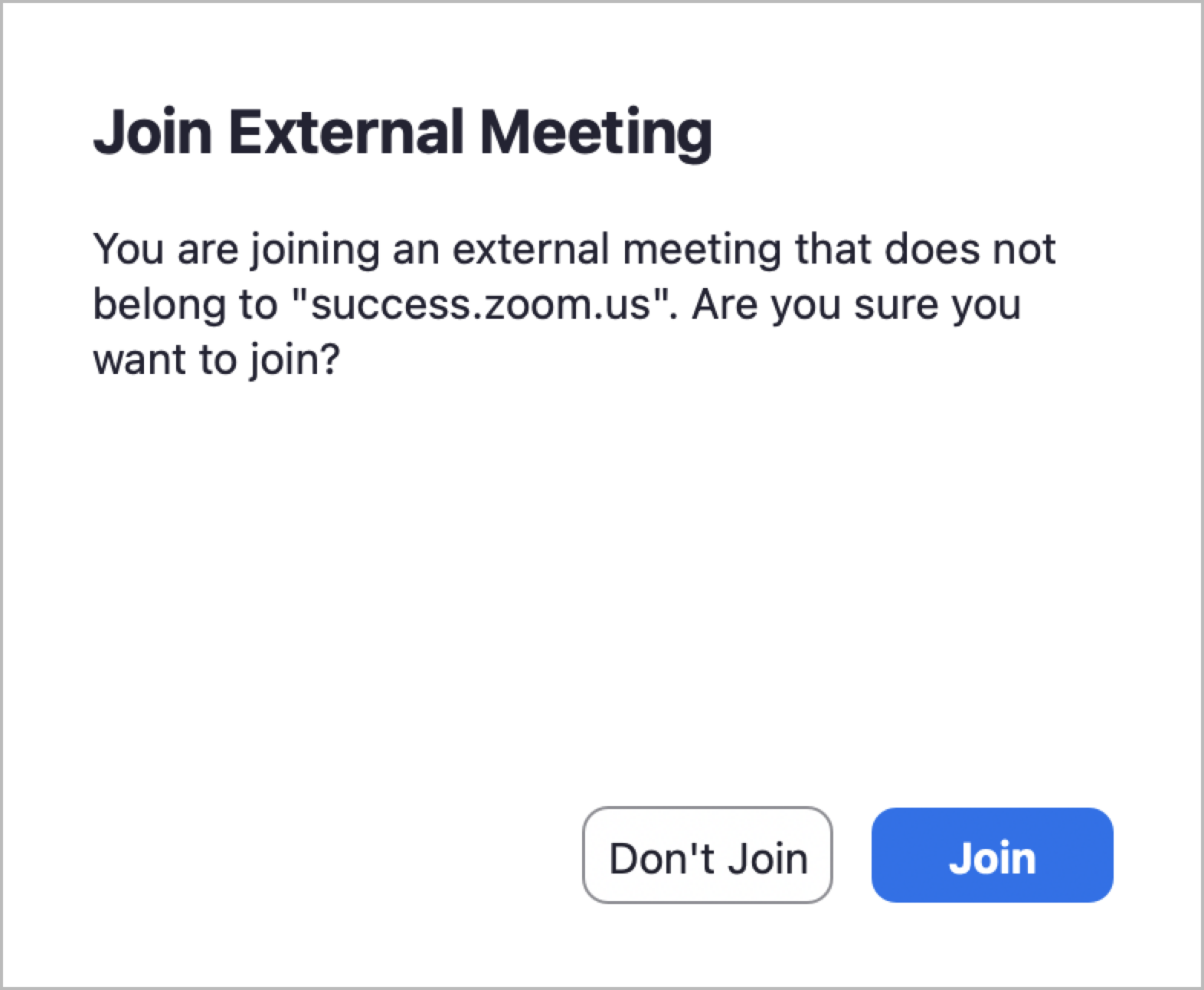 Screenshot of a notification informing a user the meeting they are joining does not belong to the vanity URL it claims